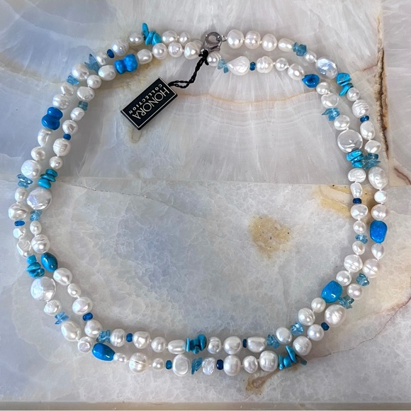 HONORA Genuine Pearl Turquoise Aquamarine Sterling Silver Long Necklace 925 - Picture 1 of 9